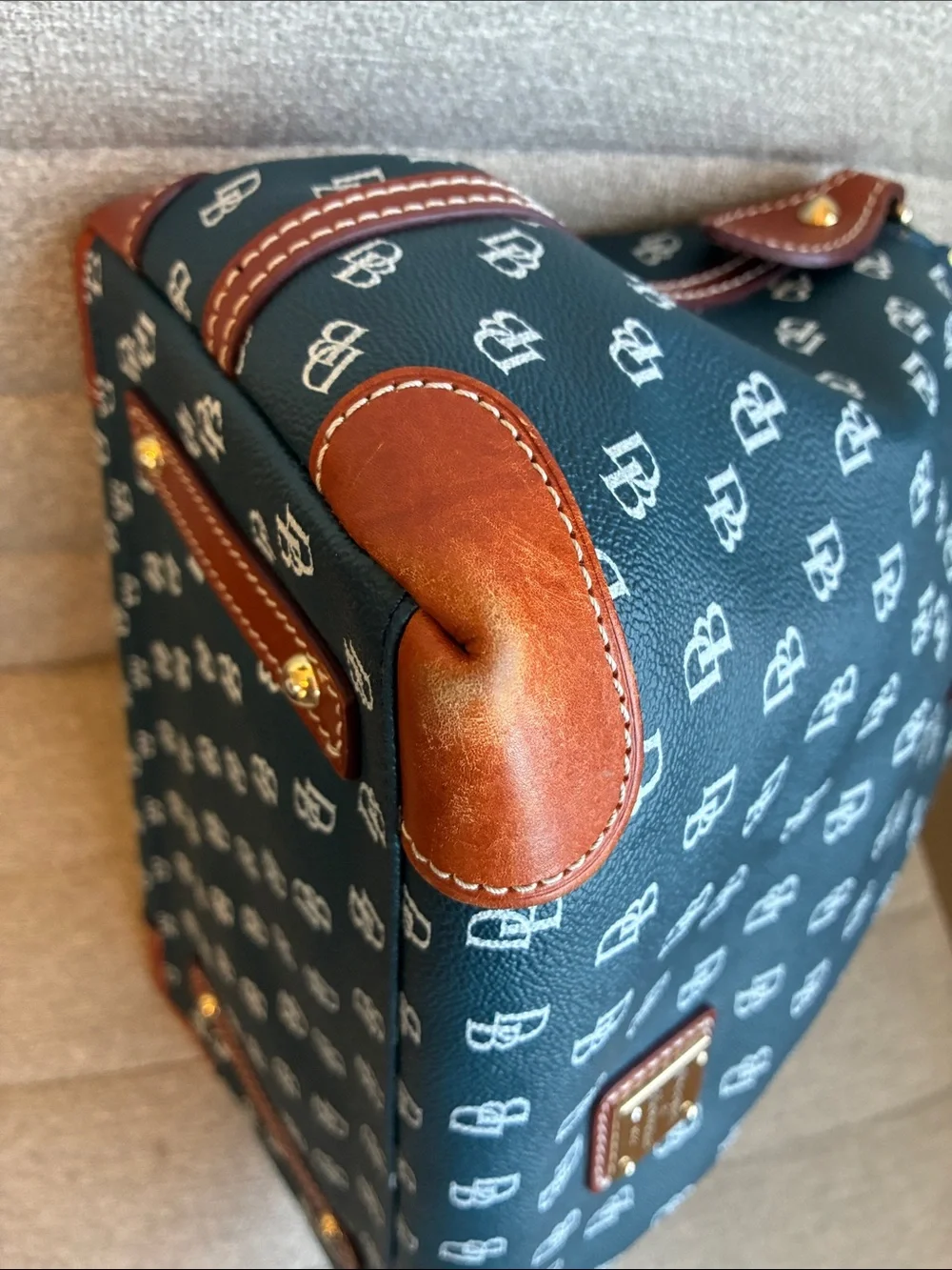 Dooney & Bourke Large Signature Monogram Zip Satchel Navy Blue & White Leather